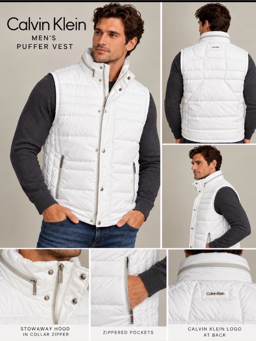Calvin Klein Men’s White Puffer Vest Stowaway Hood Size L